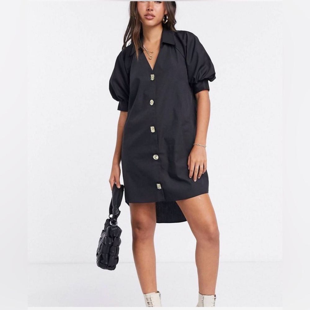 River island women’s 6 Black Button-Up Dress with Puff Sleeves